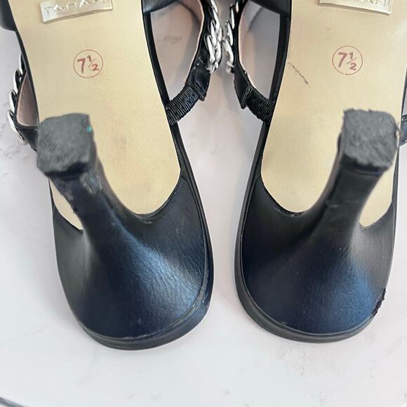 TAHARI WOMENS BLACK WITH SILVER CHAIN MULES LOWER HEEL SIZE 7 1/2 - Picture 9 of 12